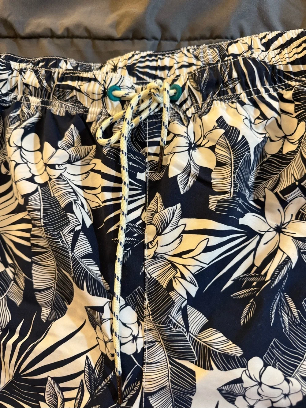 Tommy Bahama White Mesh Lined Swim Shorts with Navy Floral Waistband